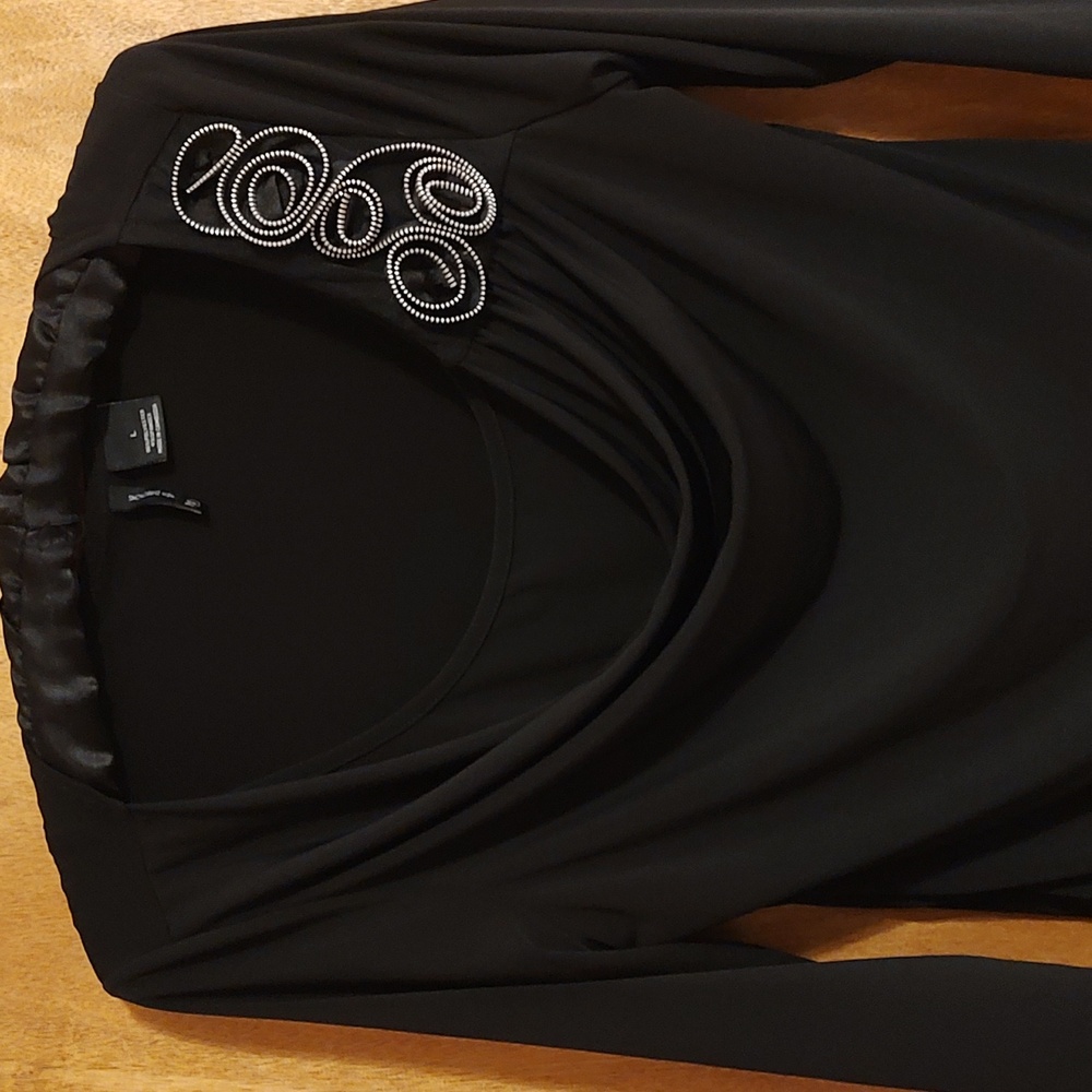 New Directions Stretch Cowl Neck Top Black ¾-Sleeve Ruched Metallic Detail Large - Picture 2 of 9